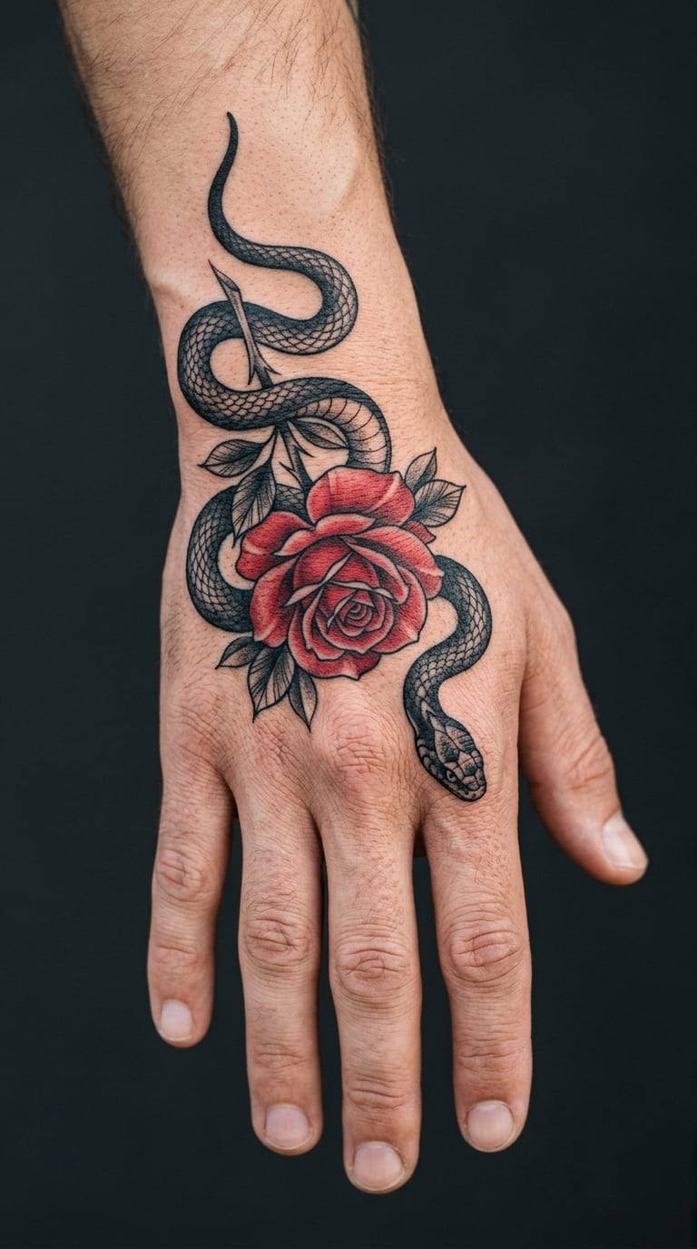 Snake and Rose on the Back of the Hand