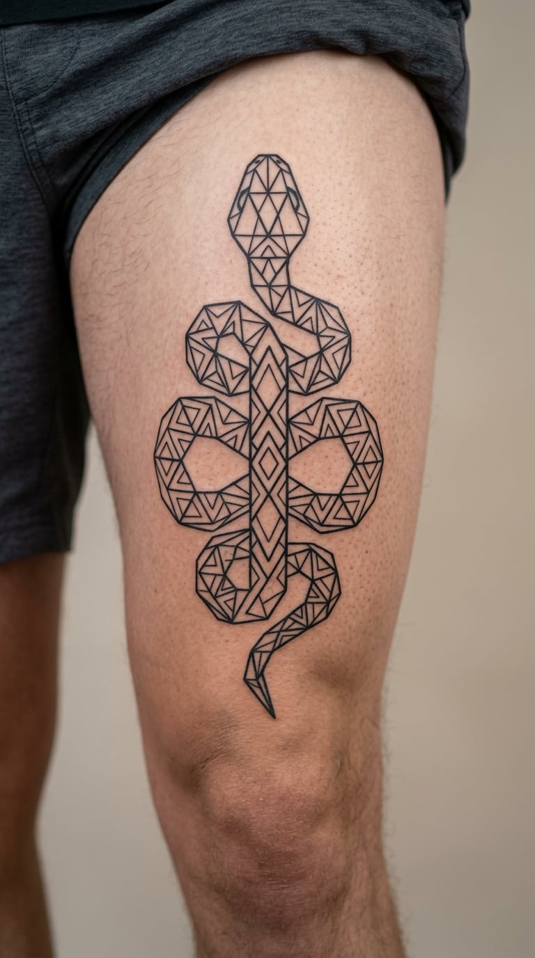 Geometric Serpent on the Outer Thigh
