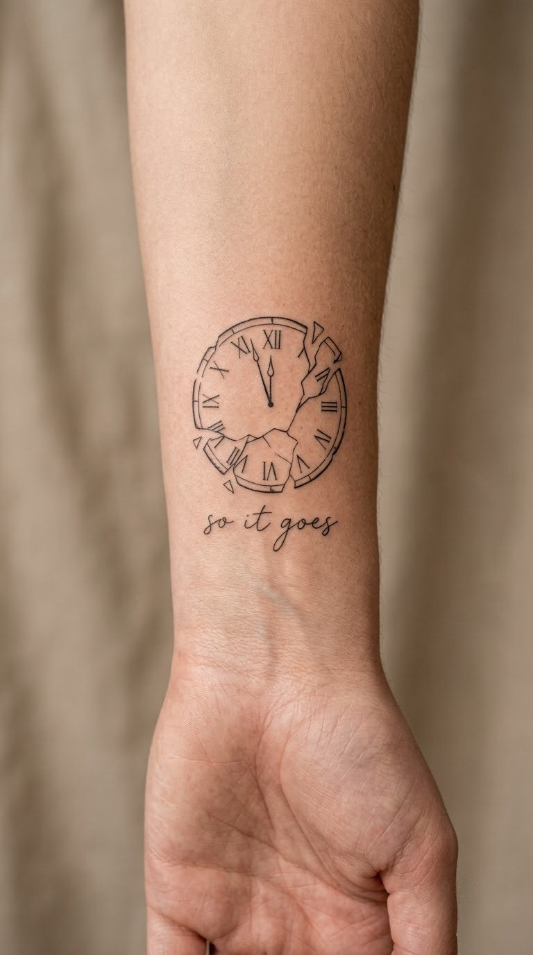 Broken Clock with Fine-Line 'So It Goes' on the Wrist