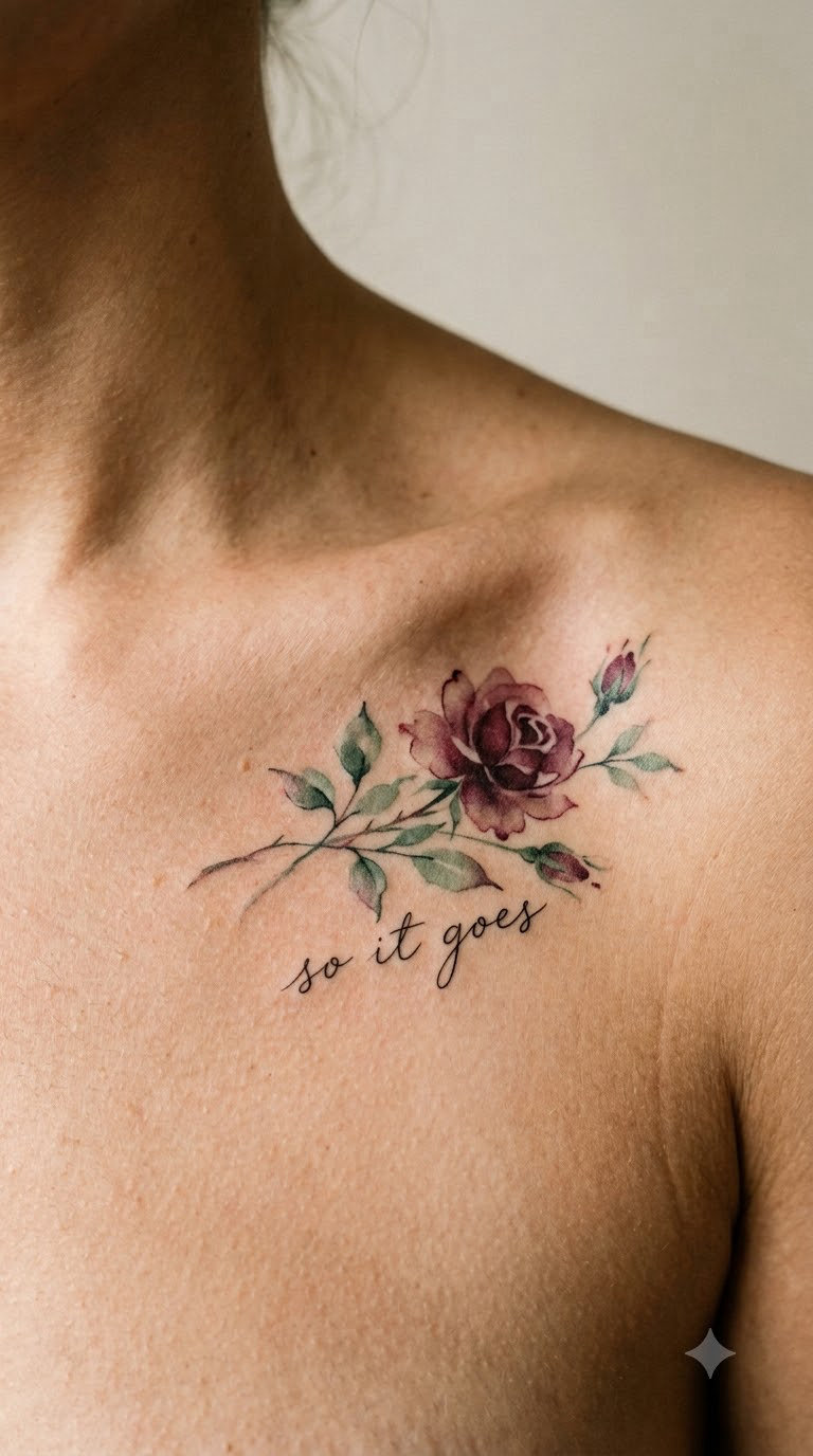 Watercolor Rose with the Phrase on the Collarbone
