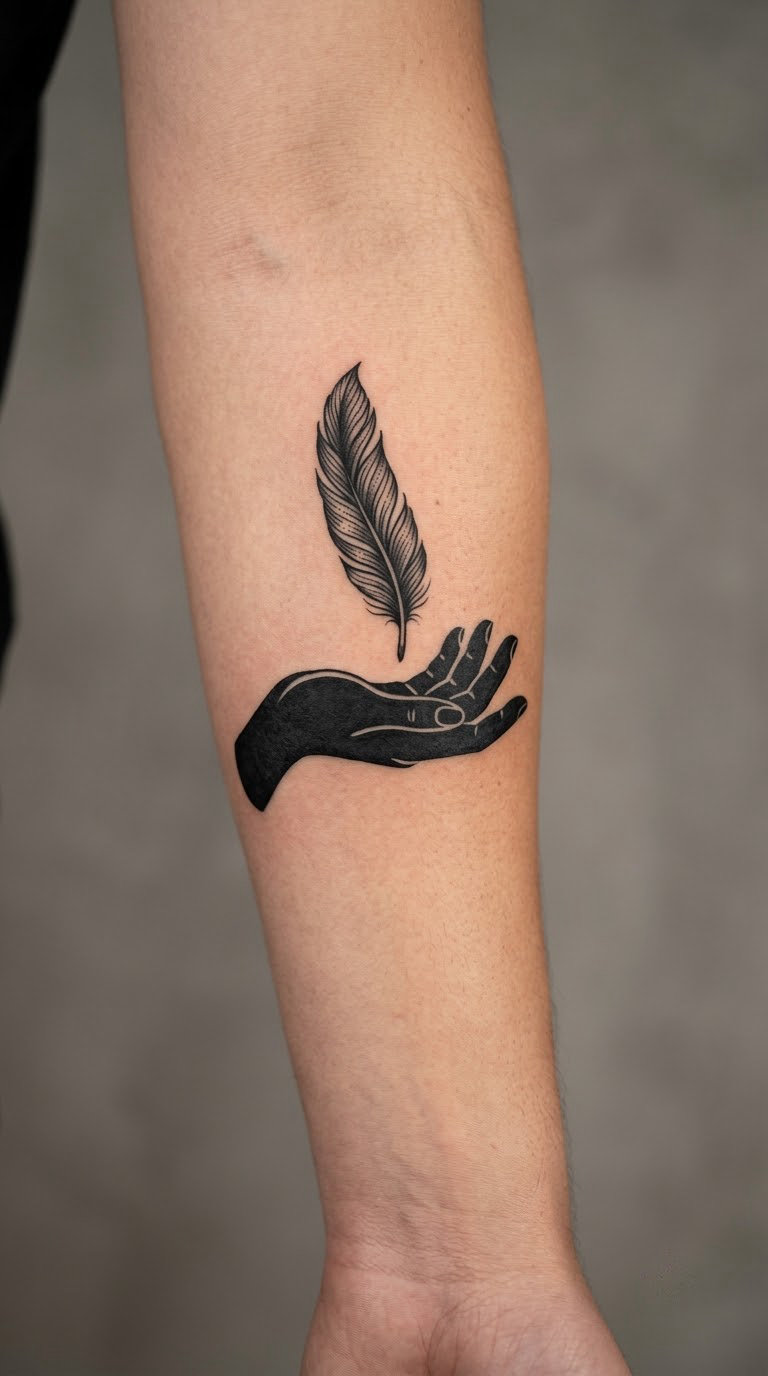 Blackwork Hand Releasing a Feather
