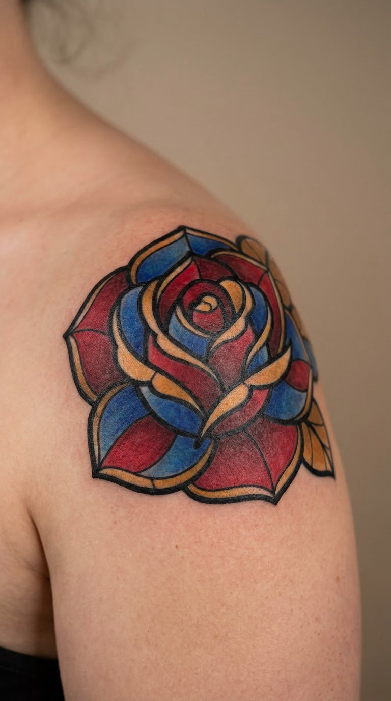 Stained-Glass Rose on the Shoulder
