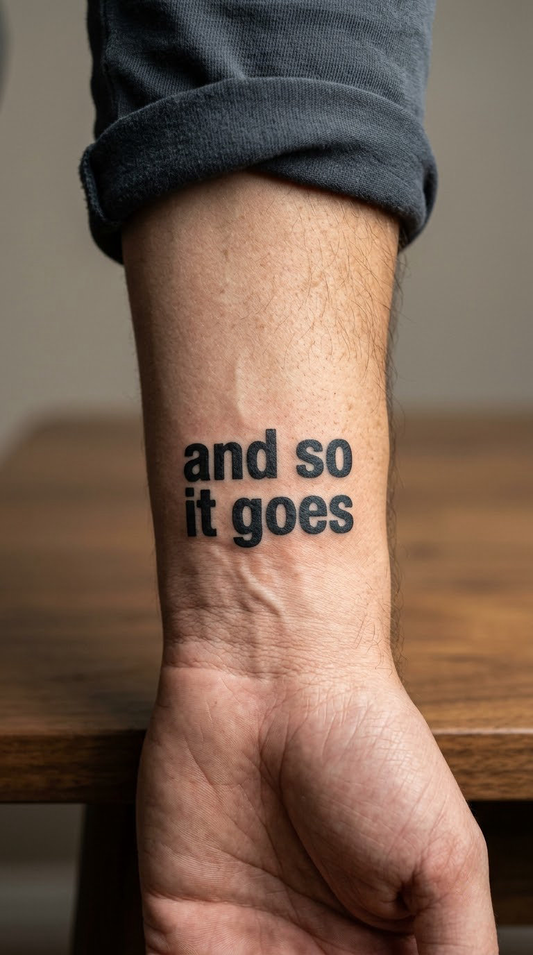 Two-Line 'And So It Goes' Blackwork on the Wrist