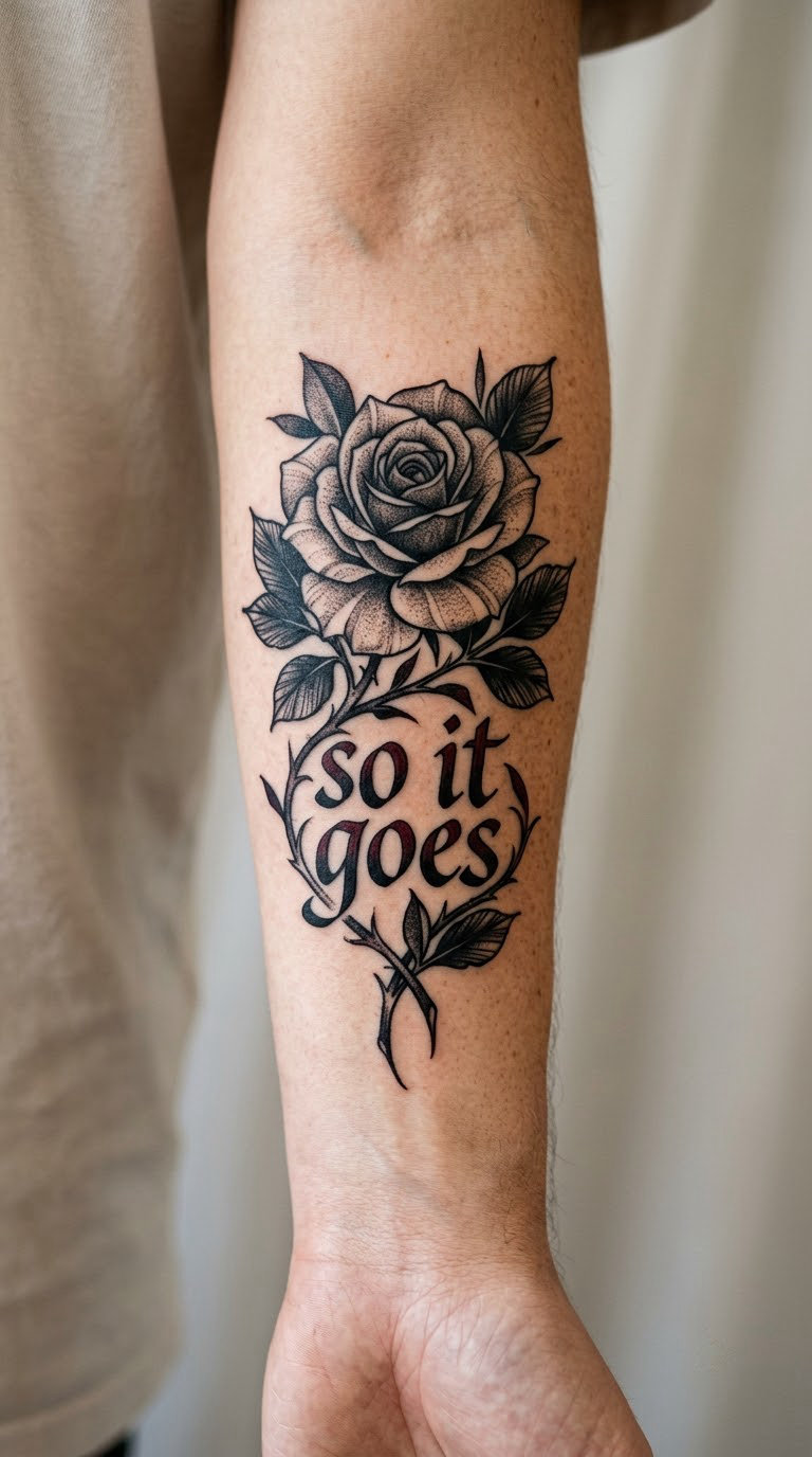 Blackwork Rose Wrapping Around 'So It Goes'