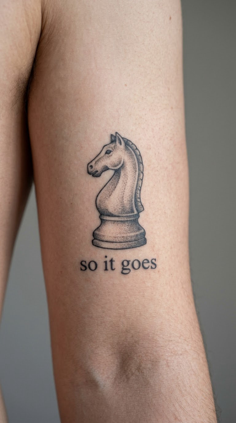 Small Chess Knight and Acceptance Phrase on the Arm