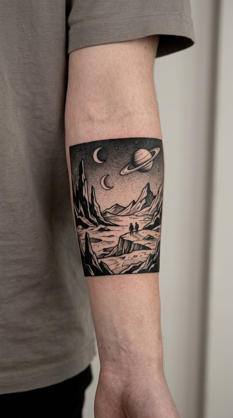 Blackwork Alien Landscape Sleeve