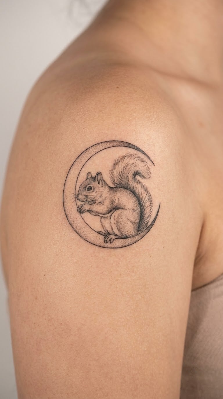 Squirrel in a Circular Moonlit Frame