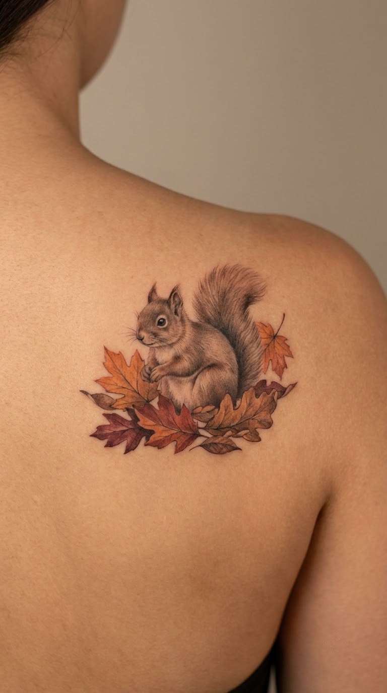 Floral Squirrel with Autumn Leaves