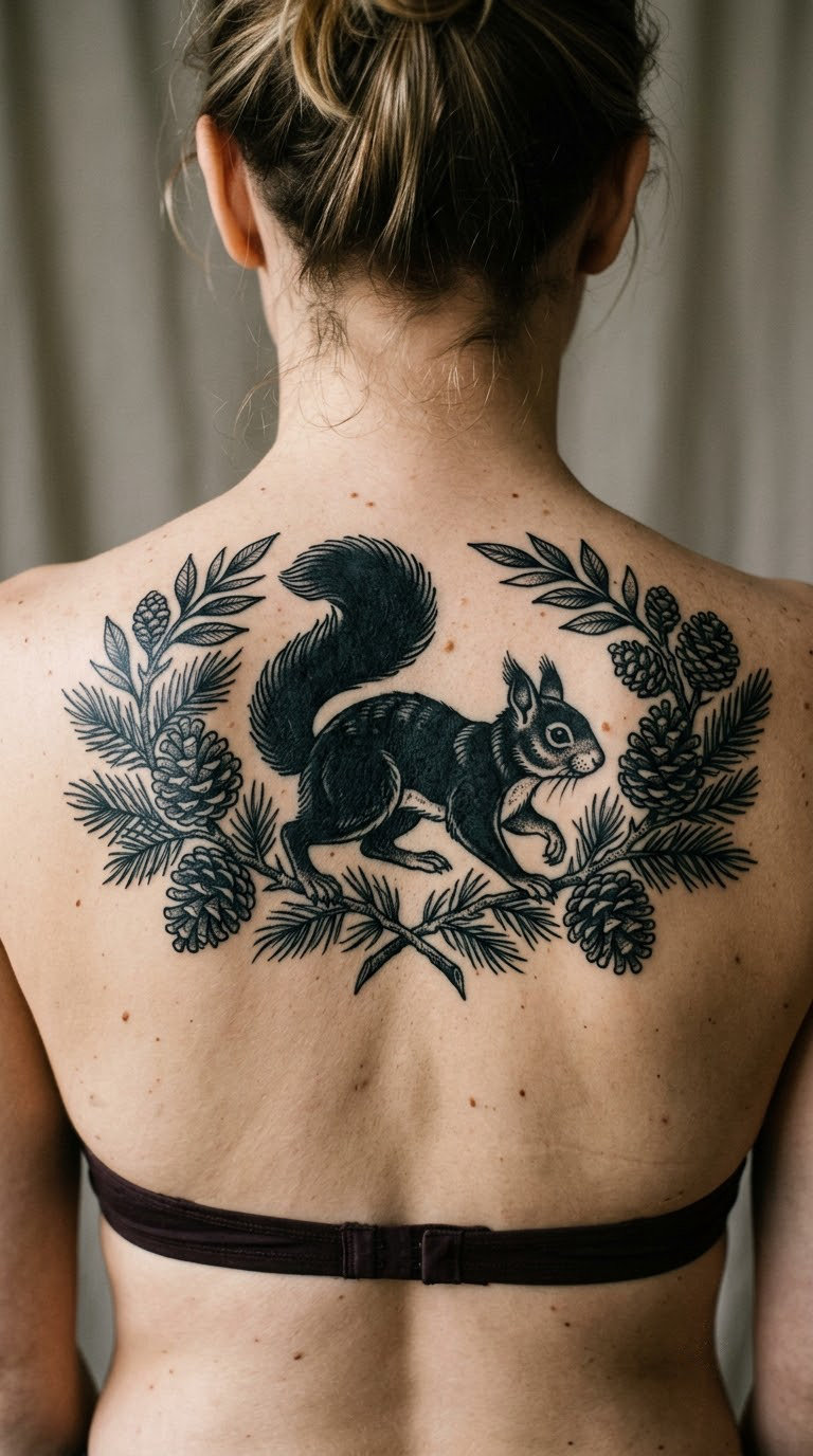 Blackwork Squirrel Surrounded by Pinecones