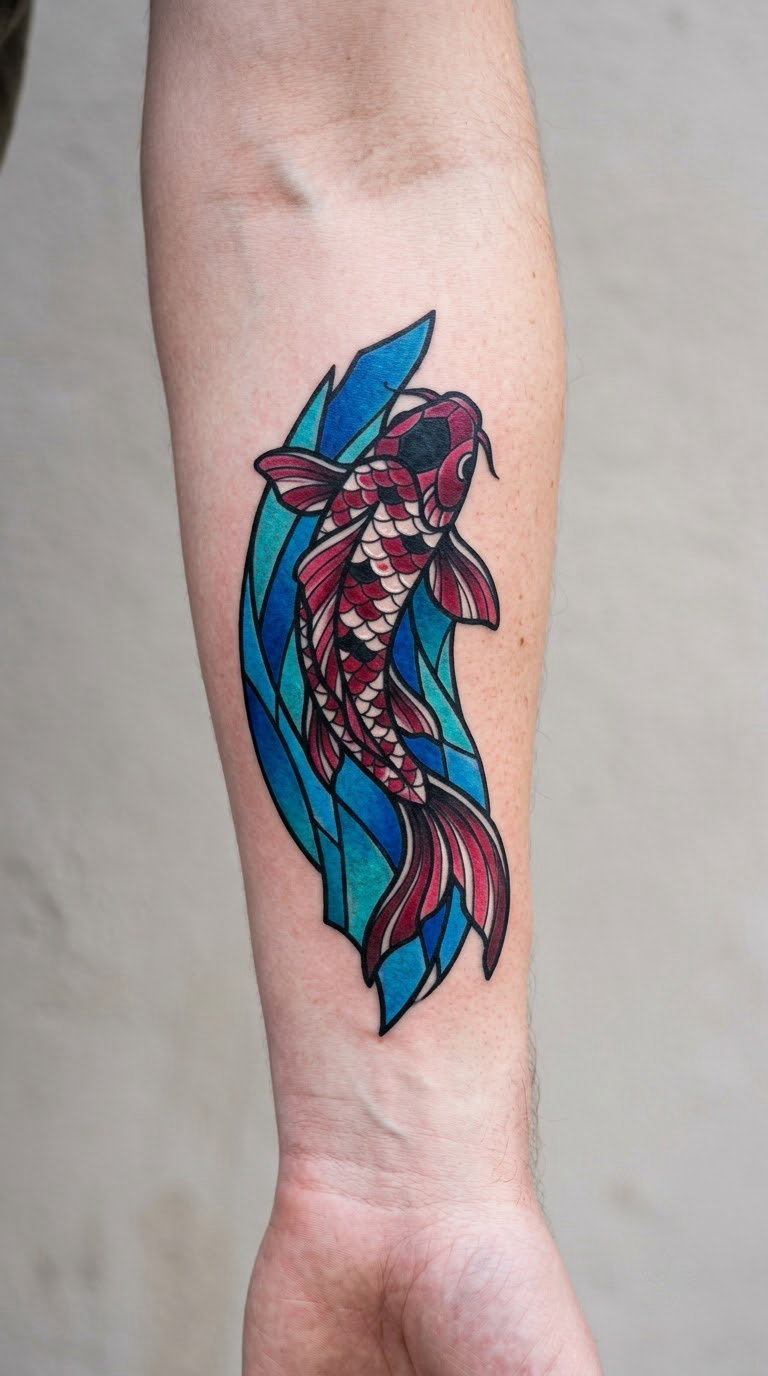 Koi Swimming Through a Blue Panel