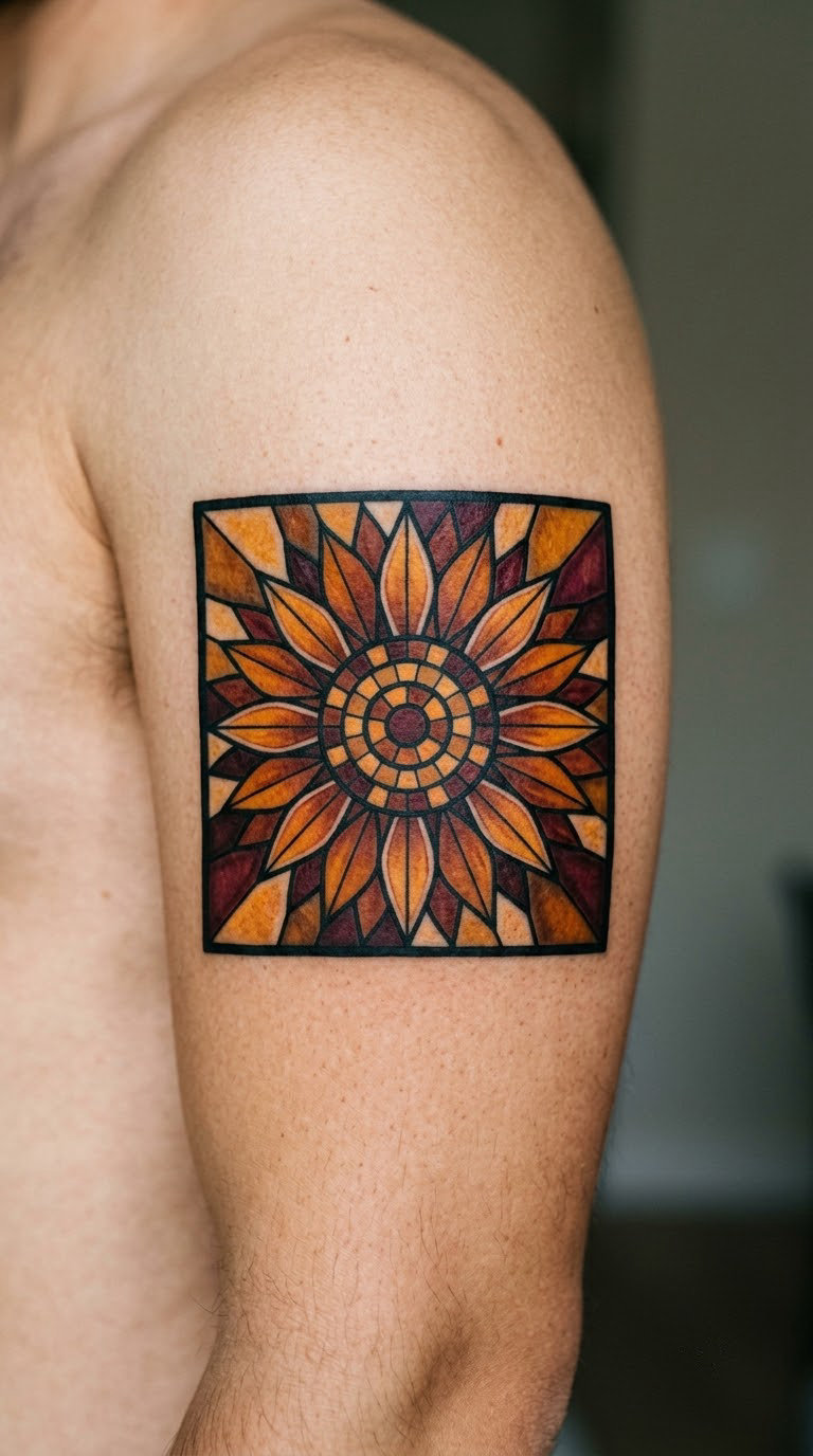 Stained-Glass Sunflower in a Square Frame