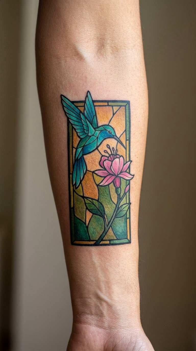 Stained-Glass Hummingbird and Blossom