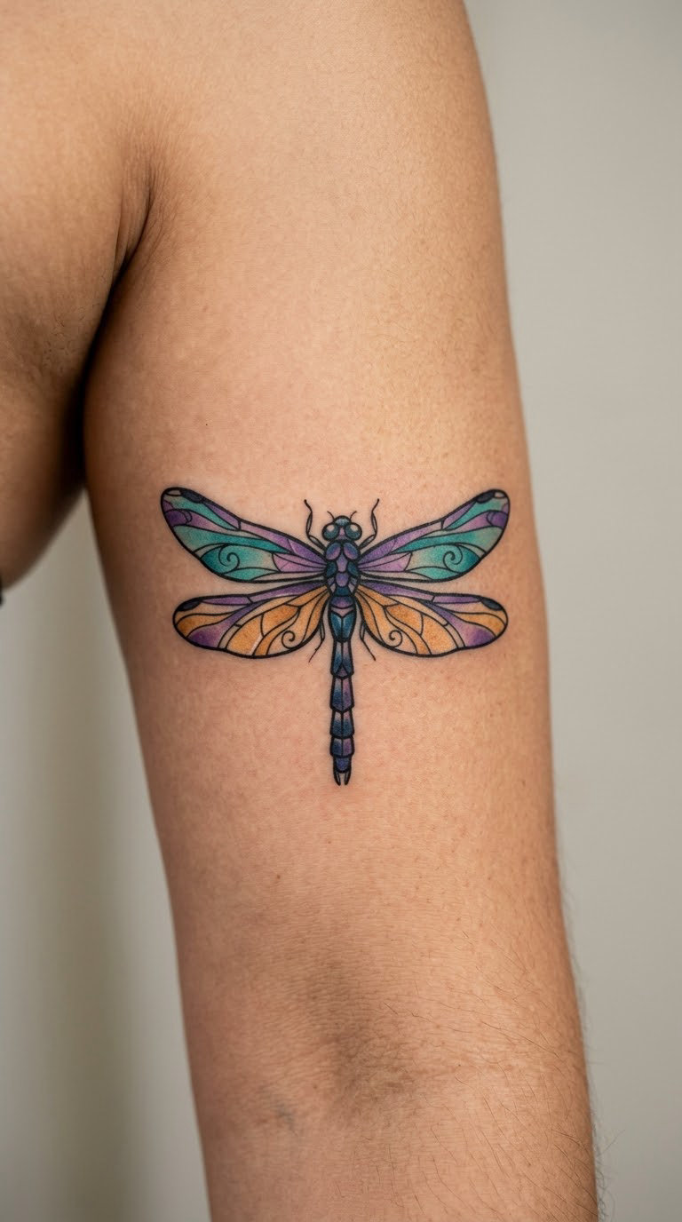 Stained-Glass Dragonfly with Jeweled Wings