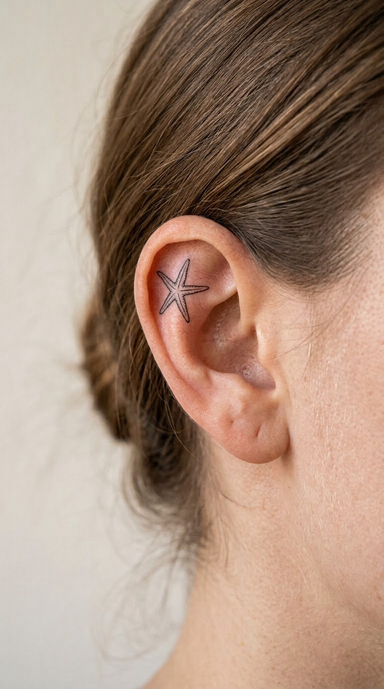 Fine-Line Starfish Behind the Ear