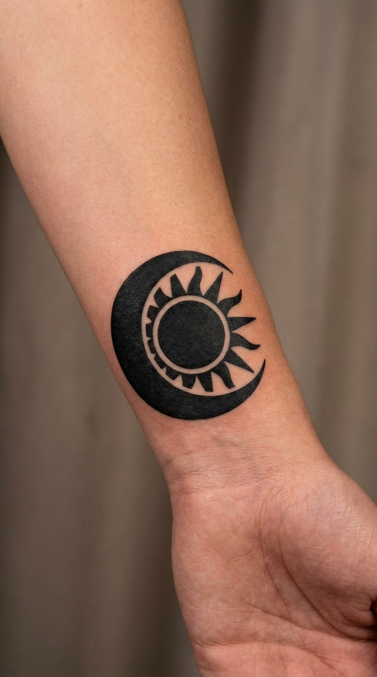 Blackwork Sun and Crescent