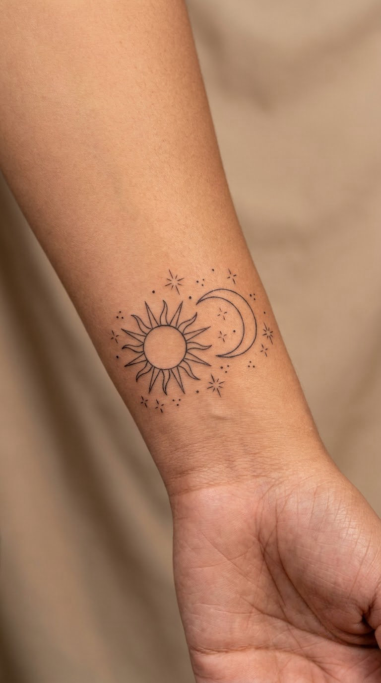Line-Art Sun and Moon with Sparkles
