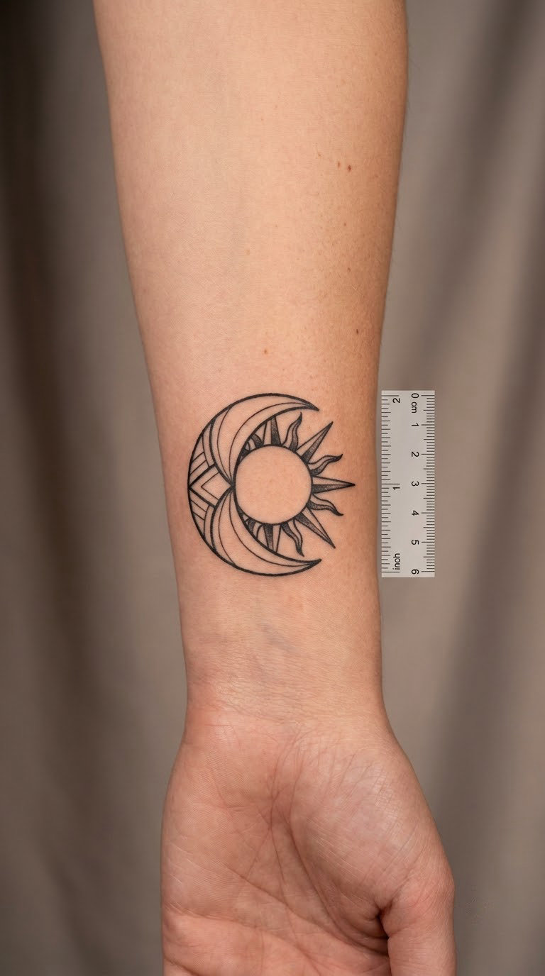 Sun Behind a Crescent Moon