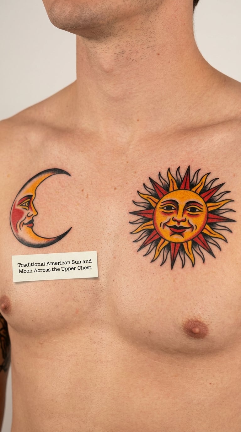 Traditional American Sun and Moon Across the Upper Chest