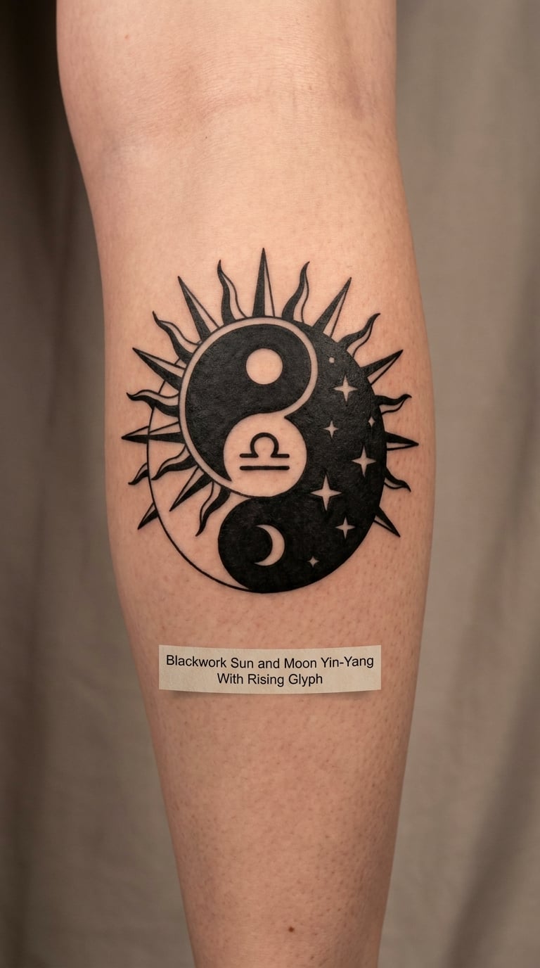 Blackwork Sun and Moon Yin-Yang With Rising Glyph