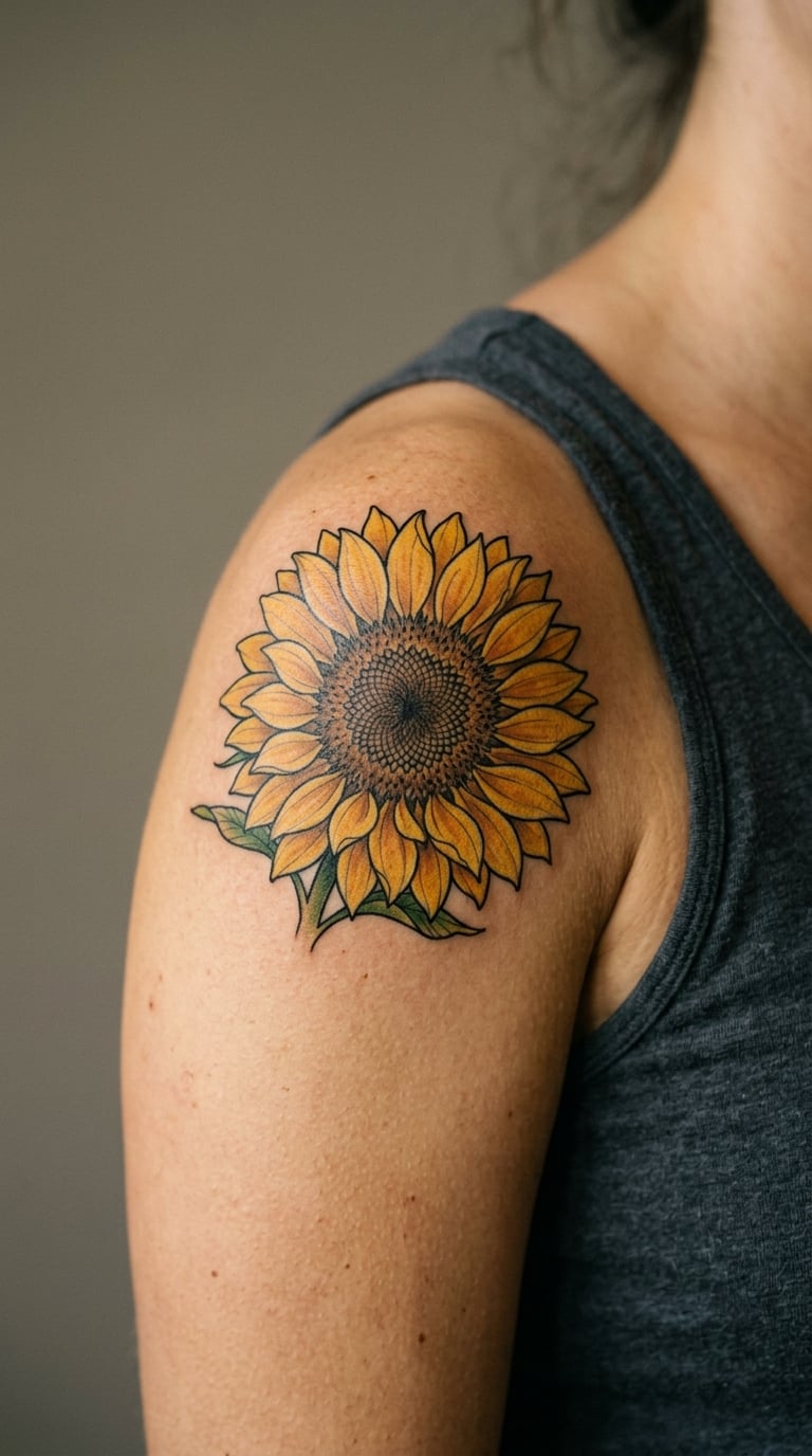 Single Realistic Sunflower on the Deltoid Cap
