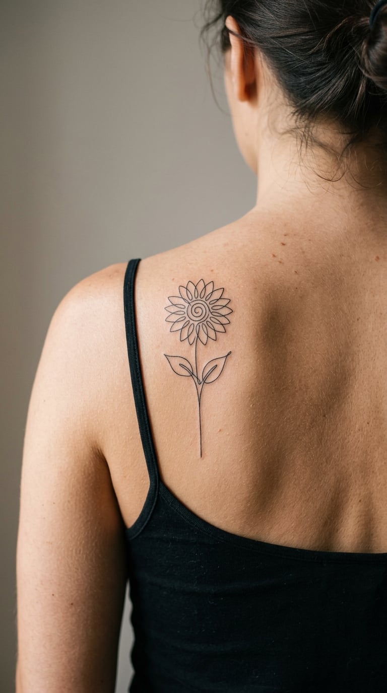 Single-Line Stem Sunflower on the Shoulder Blade