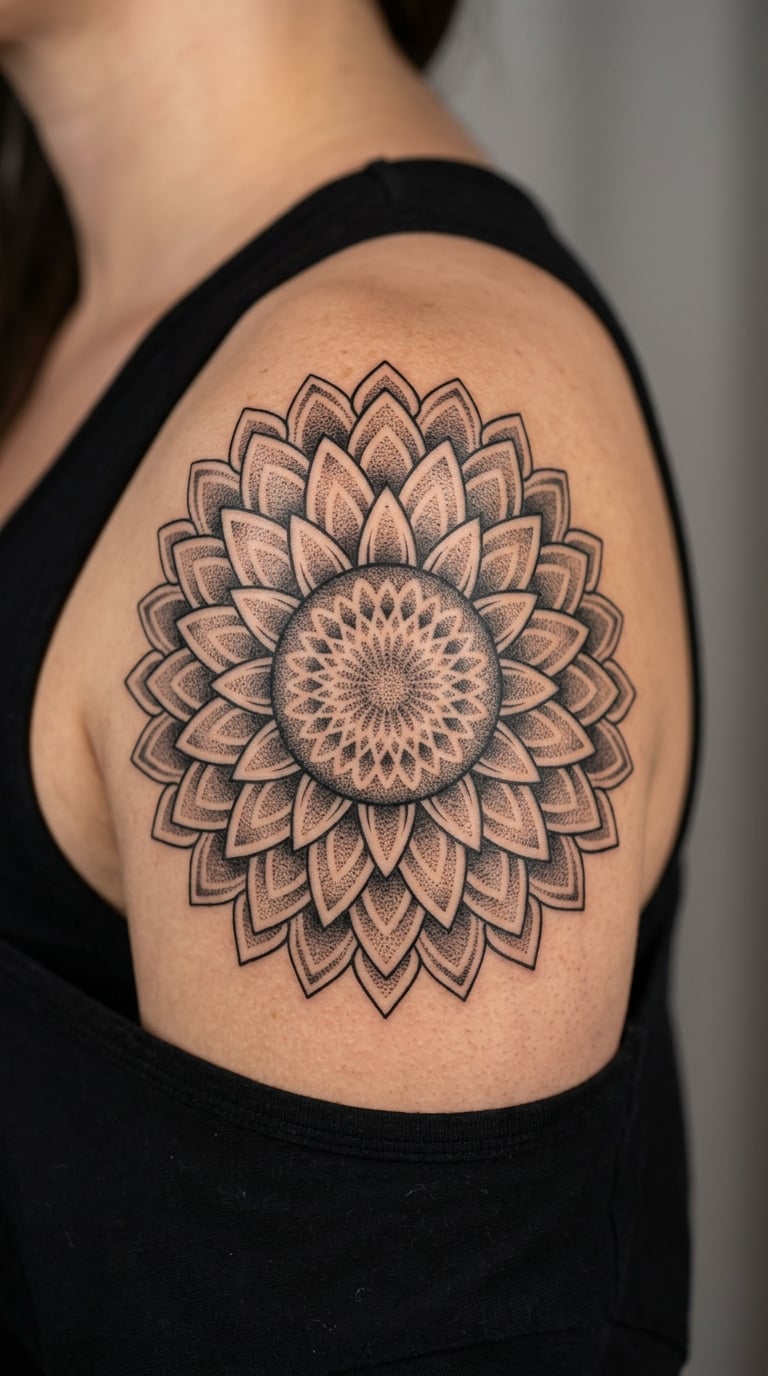 Geometric Mandala Sunflower on the Deltoid Cap