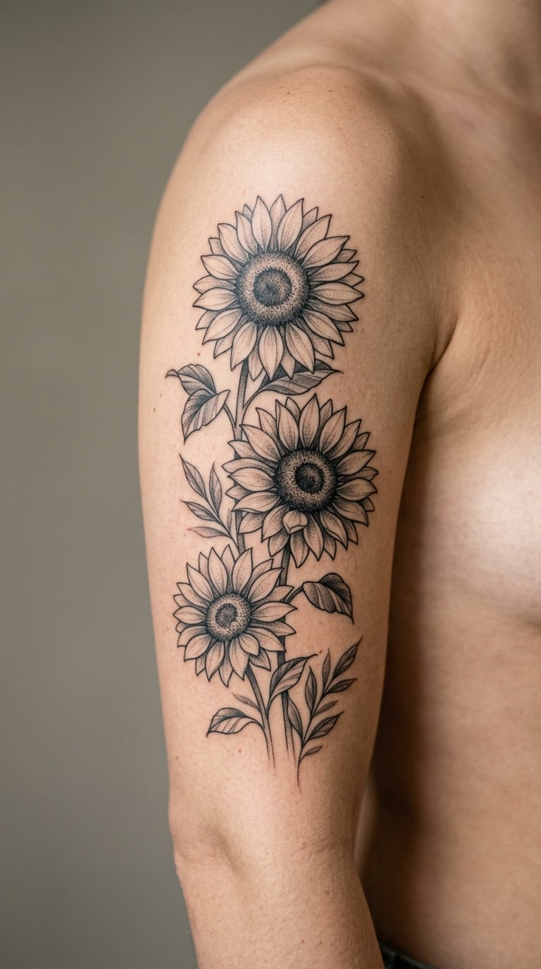 Three Sunflowers in Greyscale on the Outer Upper Arm