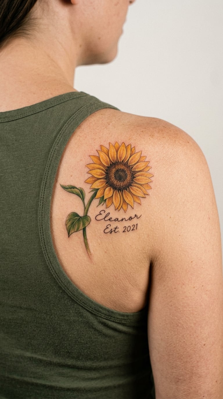 Sunflower With a Curved Name or Date Beneath It