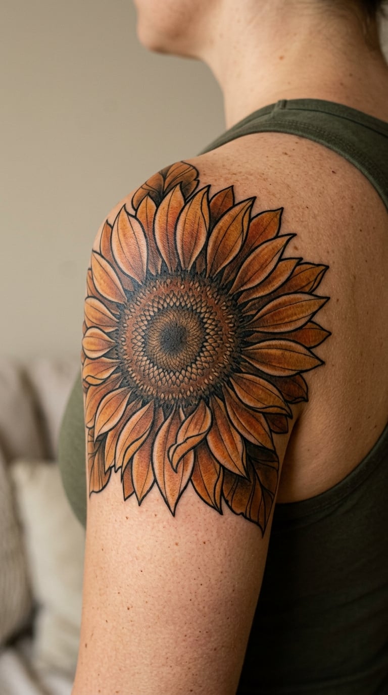 Bronze and Ochre Portrait Sunflower Filling the Deltoid Cap