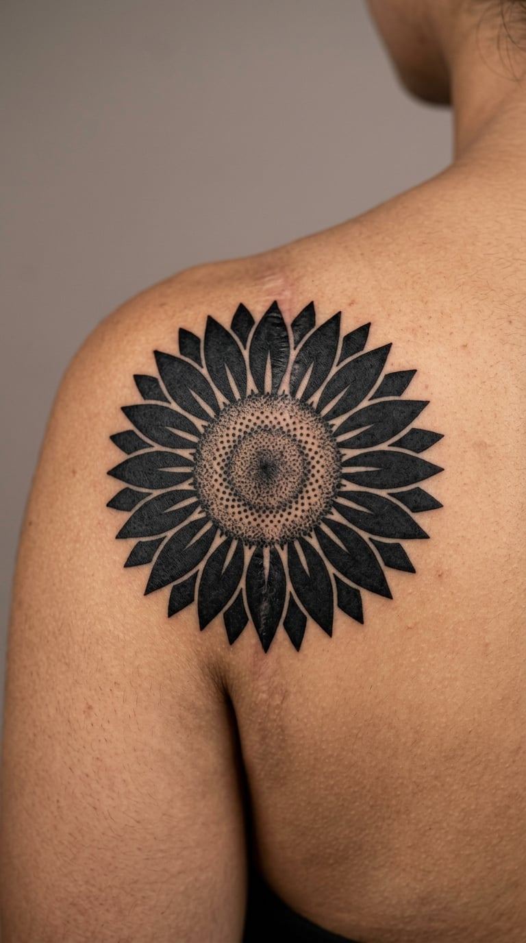 Blackwork Sunflower Reworking a Scar on the Back Shoulder