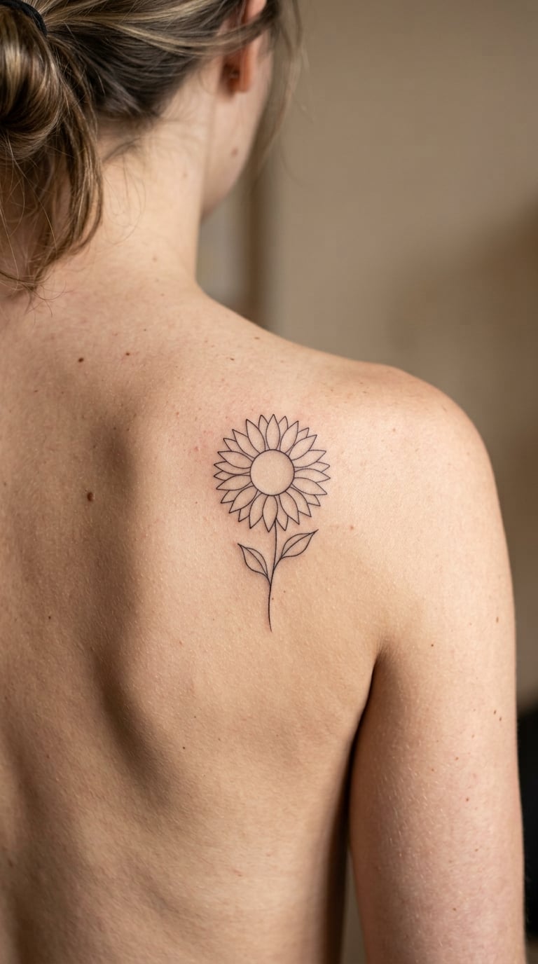 Fine-Line Outline Sunflower Behind the Shoulder