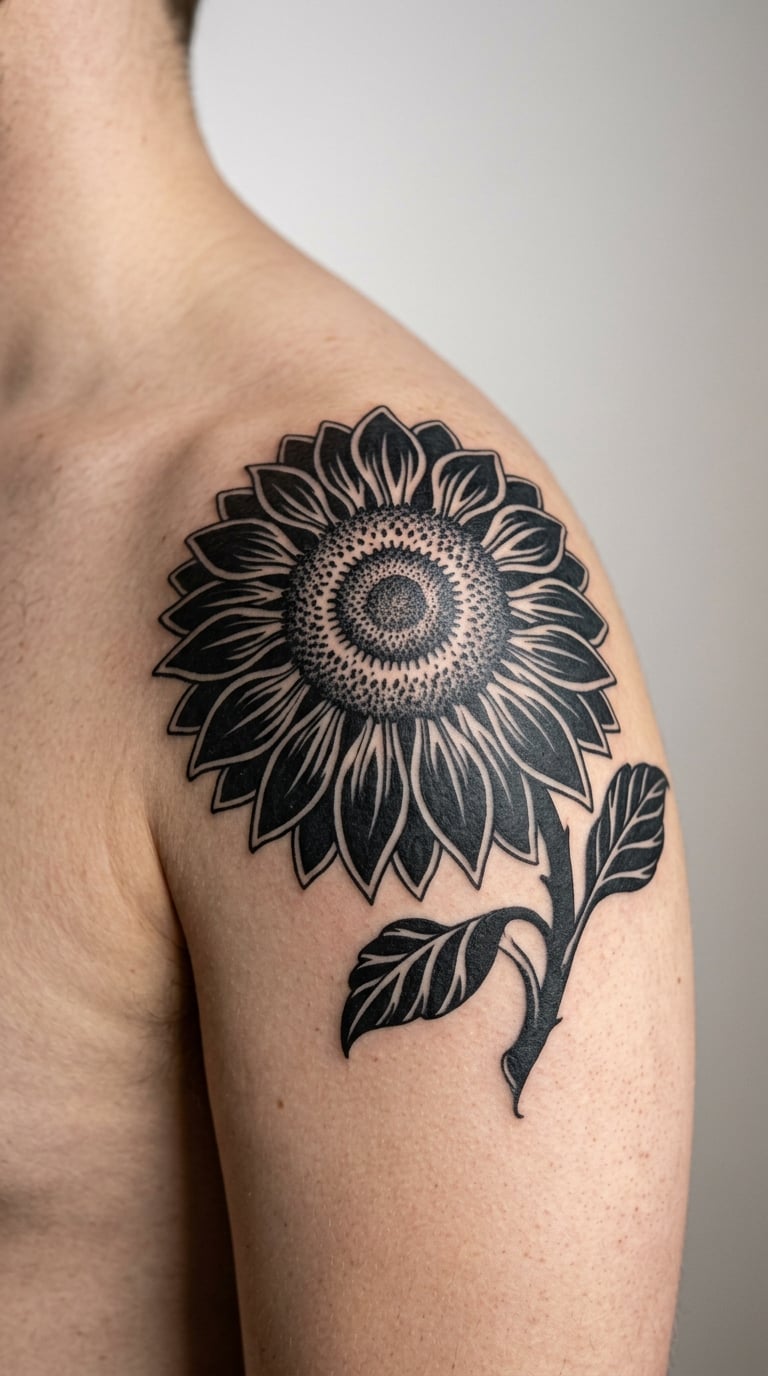 Bold Blackwork Sunflower Over the Top of the Shoulder
