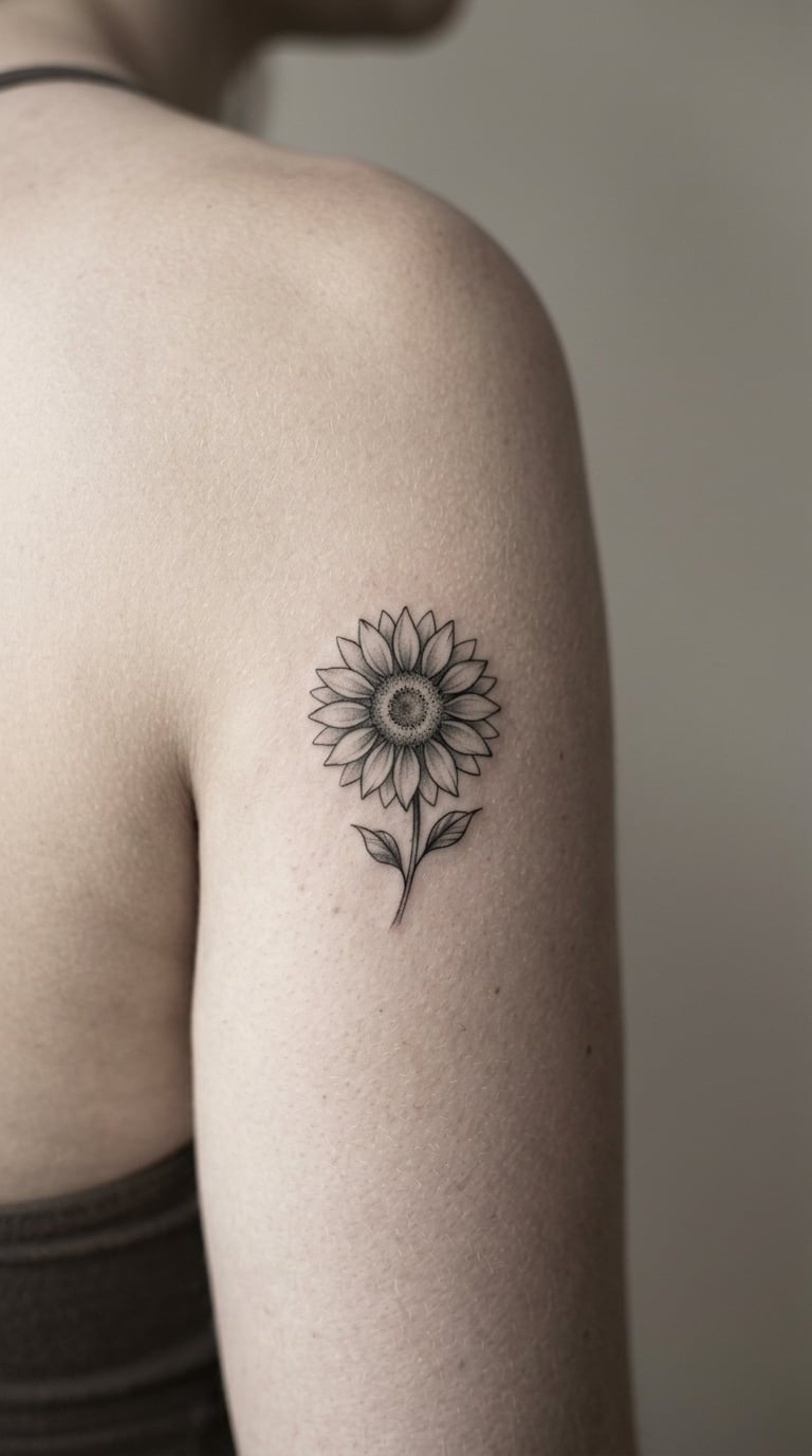 One-Inch Greyscale Sunflower on the Upper Arm