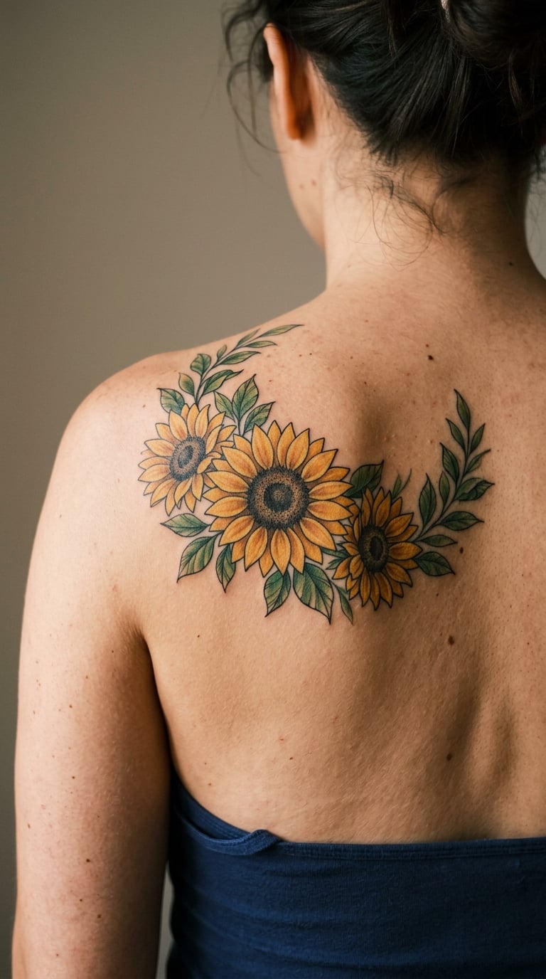 Sunflower Bouquet Curving Around the Shoulder Blade