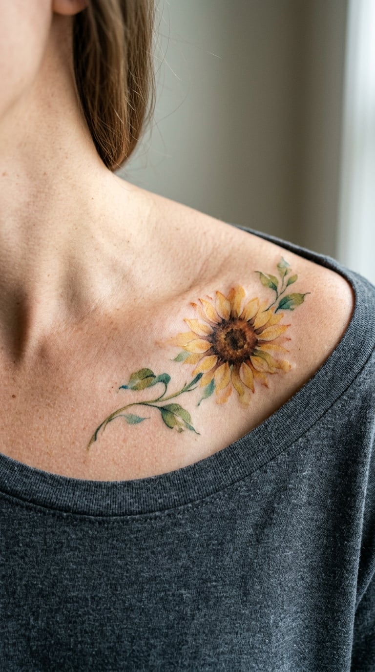 Loose Watercolour Sunflower on the Collarbone