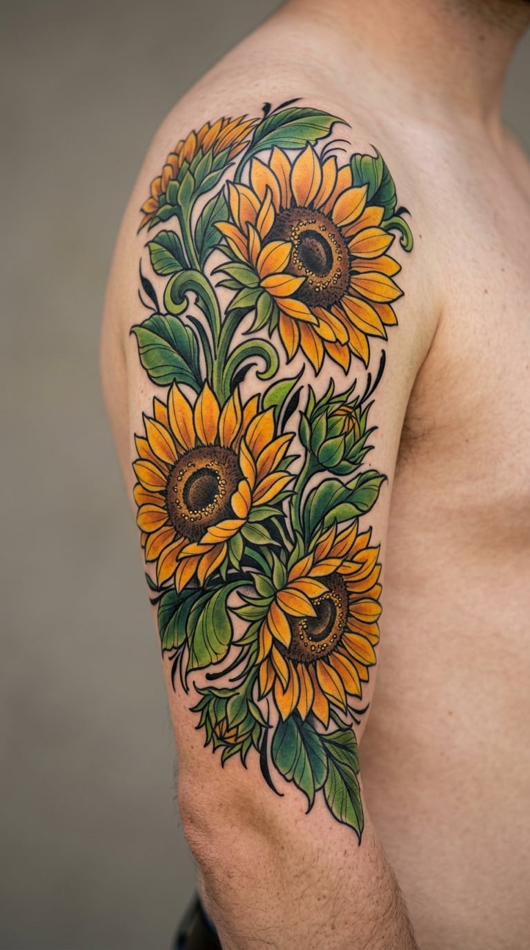 Neotraditional Sunflower Half Sleeve, Cap to Bicep