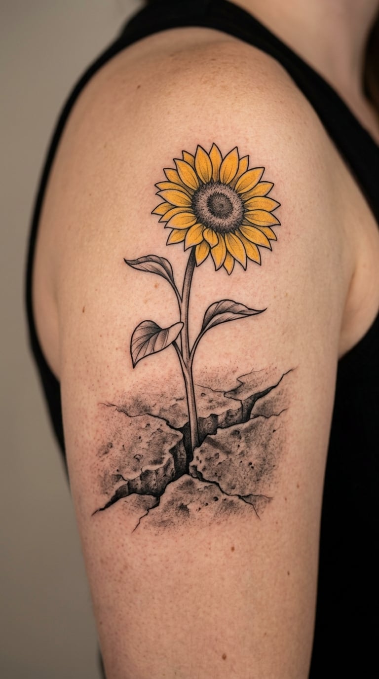 Sunflower Growing Through Cracked Concrete on the Outer Shoulder