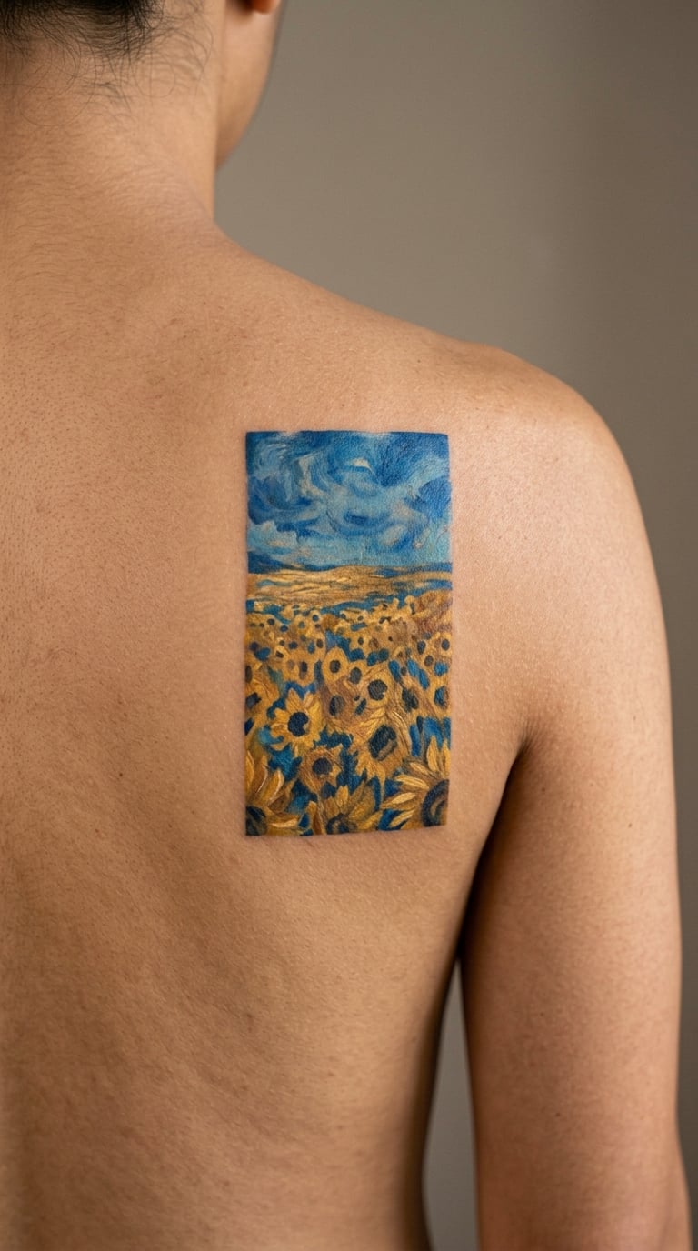 Painterly Sunflower Field in a Block on the Back Shoulder