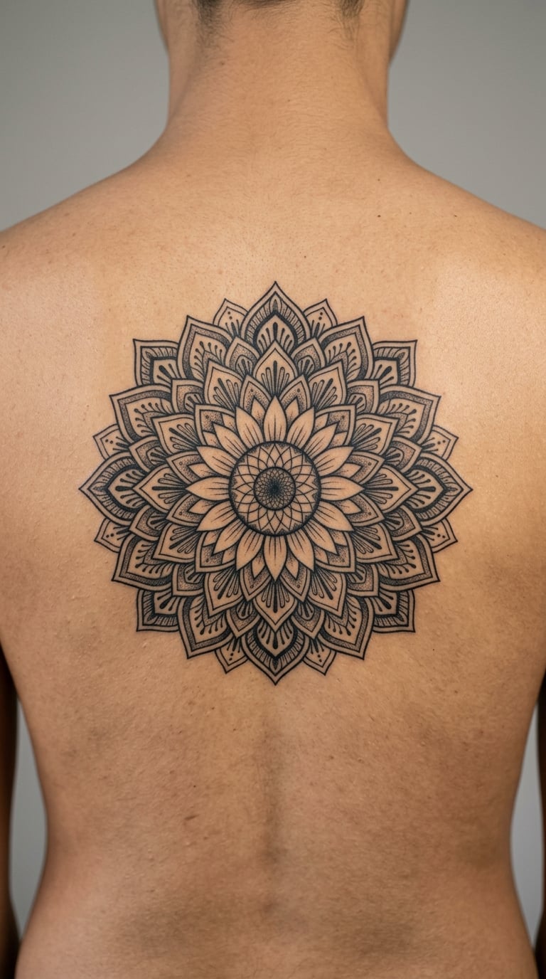 Geometric Mandala Sunflower on the Back of the Shoulder