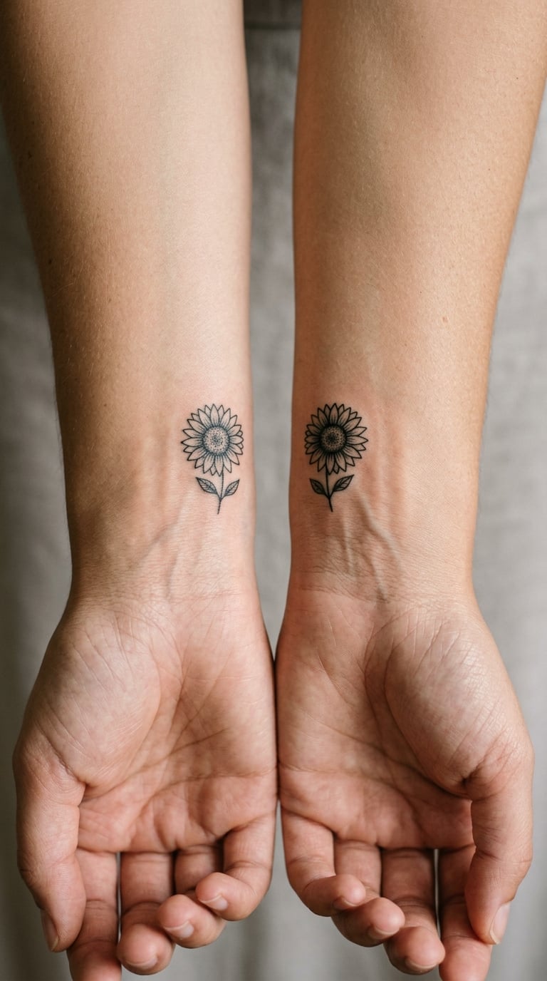 Matching Micro Sunflowers on Two Inner Wrists
