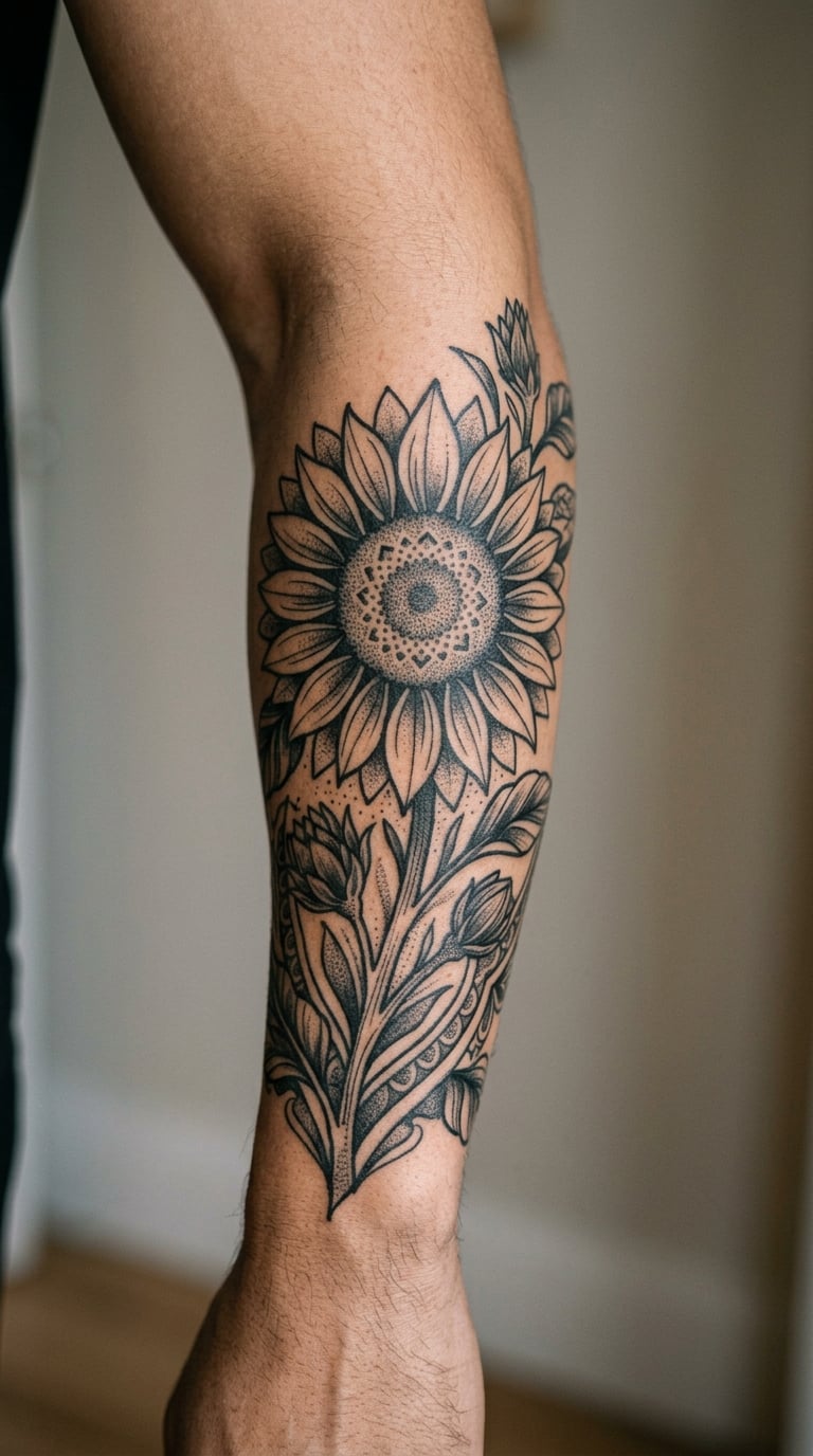 Blackwork Sunflower Half Sleeve on the Forearm