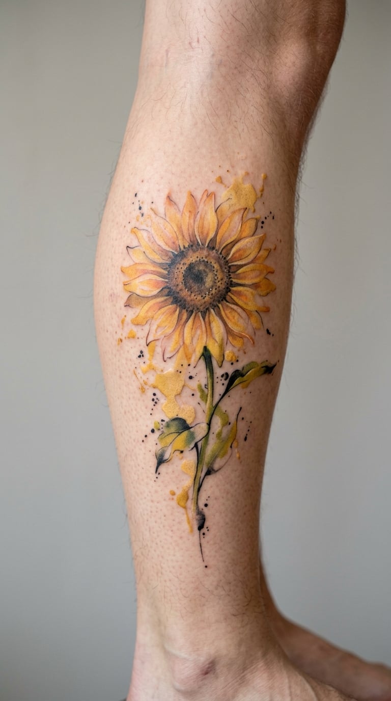 Watercolour Sunflower with Spatter on the Calf