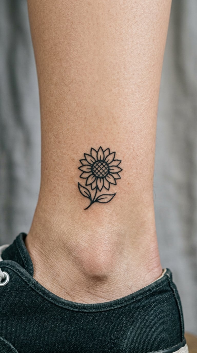 Minimal Sticker-Style Sunflower on the Ankle