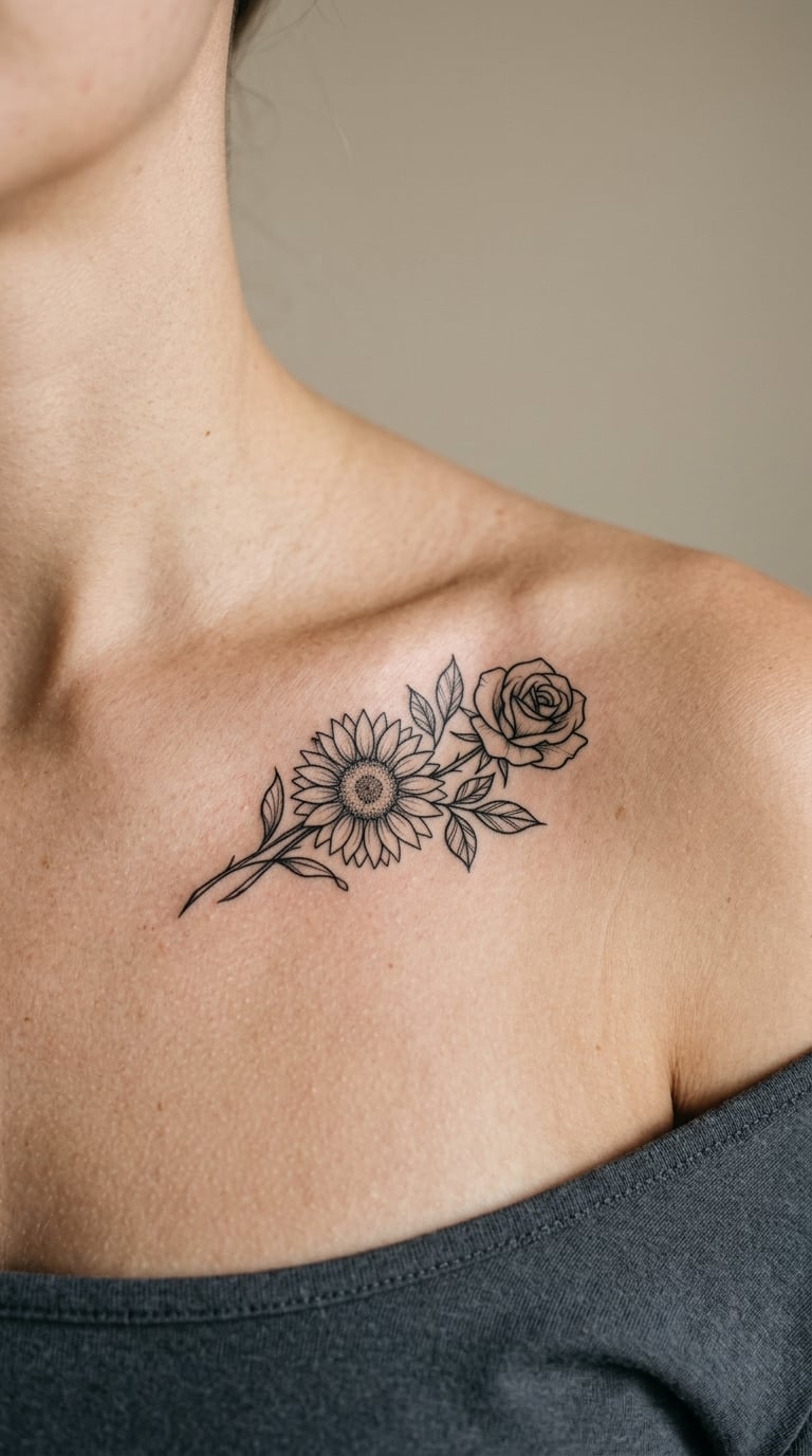 Sunflower and Rose Bouquet on the Collarbone