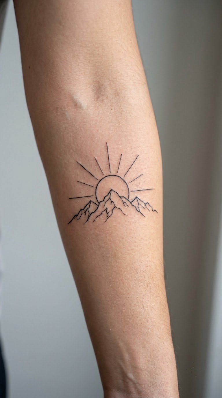 Fine-Line Sunrise Over a Mountain Ridge