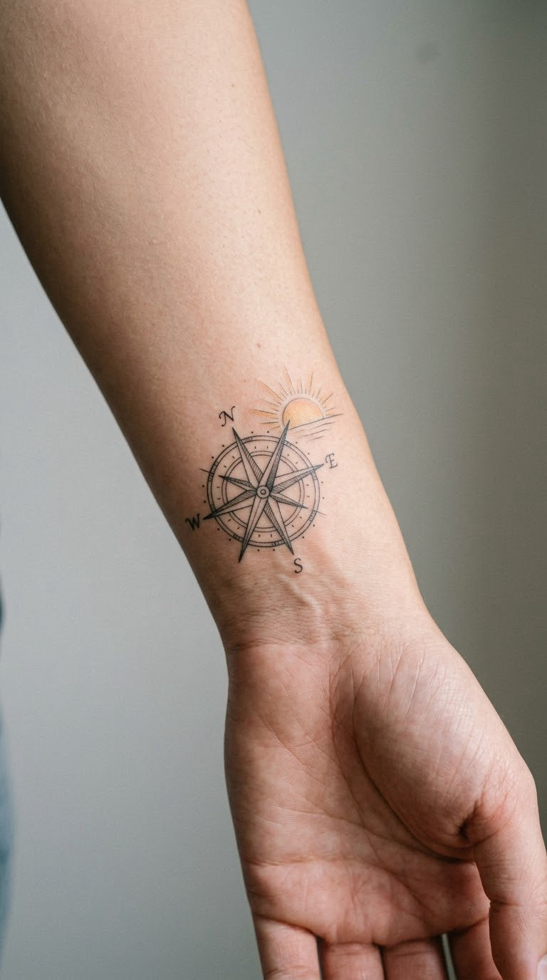 Compass Pointing Toward Sunrise