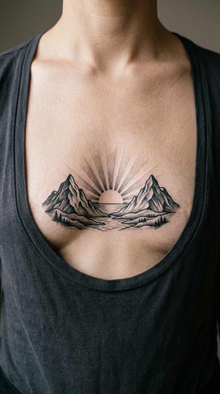 Sunrise Framed by Two Mountains