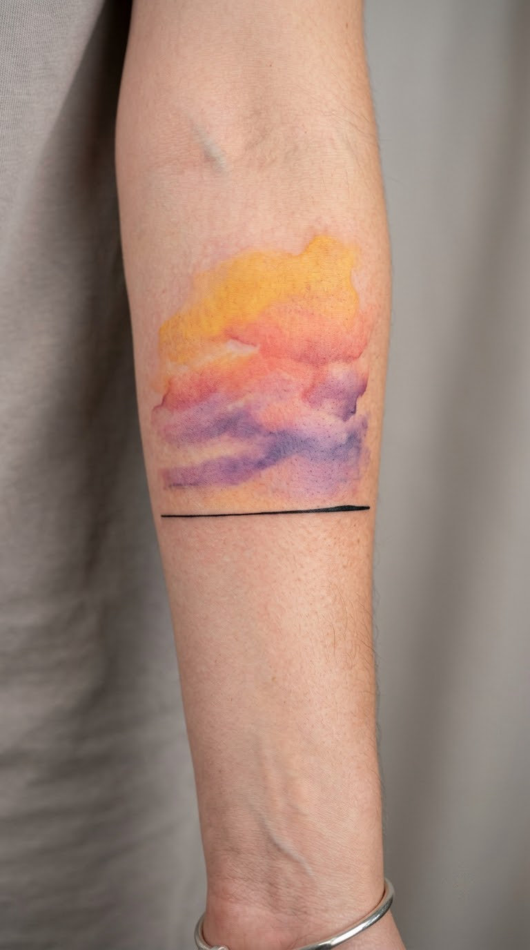 Watercolor Sunset Over a Minimal Horizon