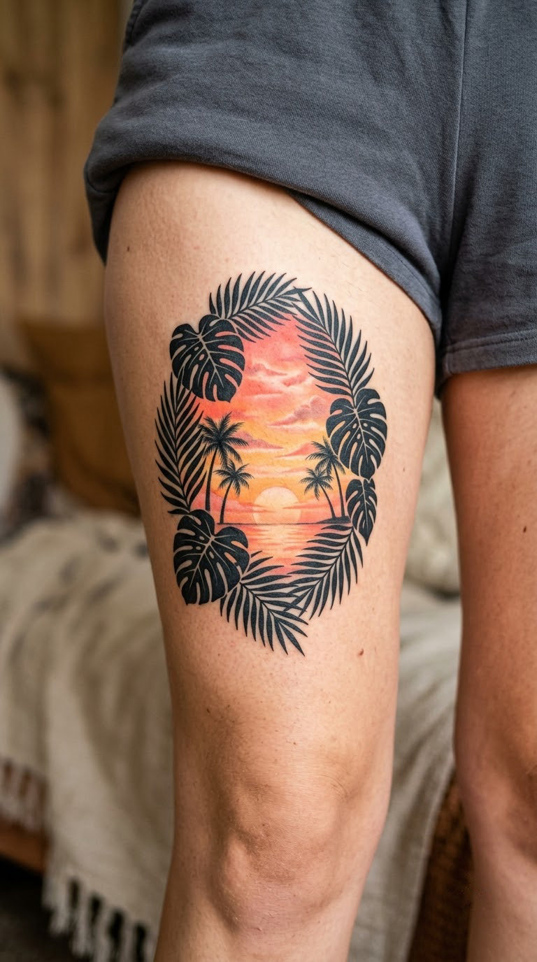 Sunset Framed by Tropical Leaf Silhouettes