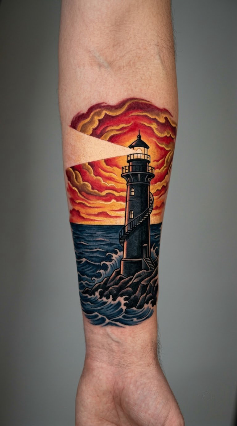 Lighthouse Facing a Red-and-Gold Horizon
